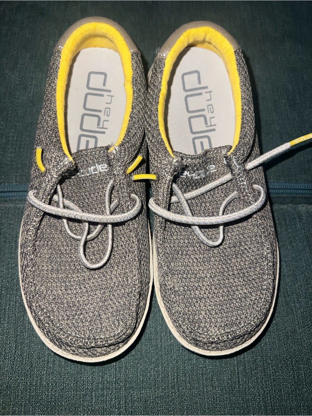 Hey Dude Kids Gray Knit Sneakers with Yellow Trim